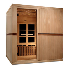 Golden Designs Catalonia 8 person Near Zero EMF infrared sauna photographed against a plain background