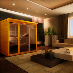 Dynamic Monaco Elite six-person infrared sauna shown in an indoor room setting
