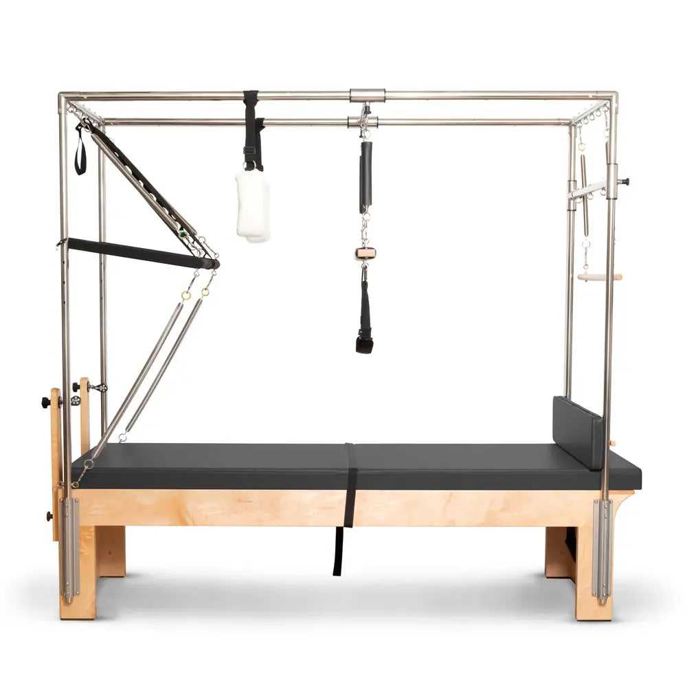 Elina Pilates Cadillac Reformer in black with padded table configuration