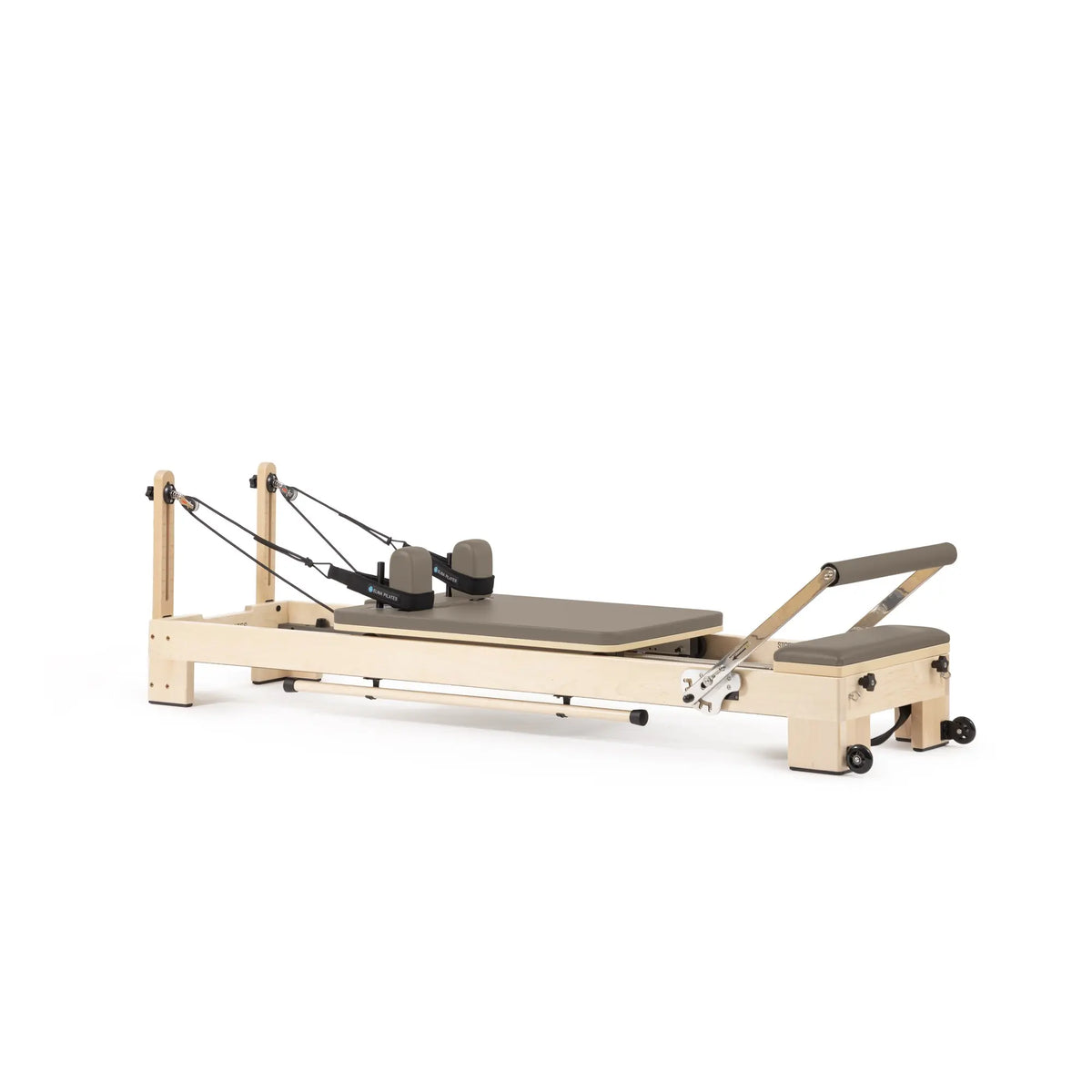 Elina Pilates Lignum wooden reformer in mocha, angled view