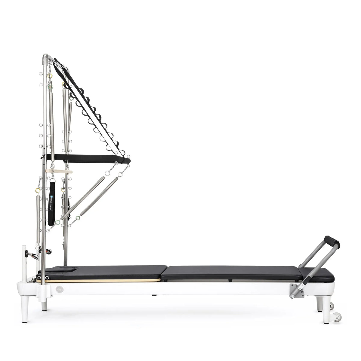 Black Elina Pilates Nubium Reformer with Tower, full side view