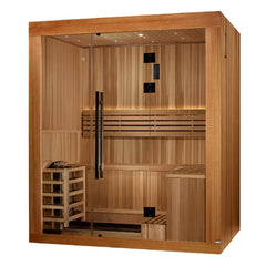 Golden Designs Copenhagen 3 Person Traditional Sauna traditional sauna photographed from a three quarter angle