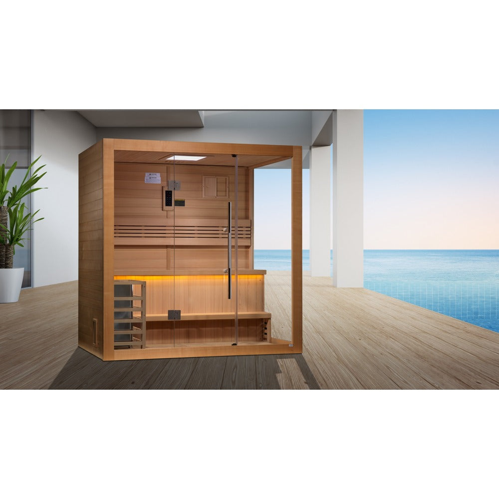 Golden Designs Forssa 3 Person Traditional Sauna in indoor wellness room setting