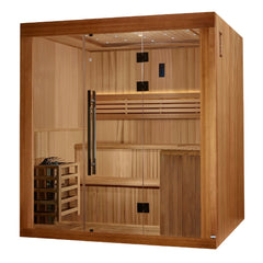 Golden Designs Osla 6 Person Traditional Sauna traditional sauna photographed from a three quarter angle