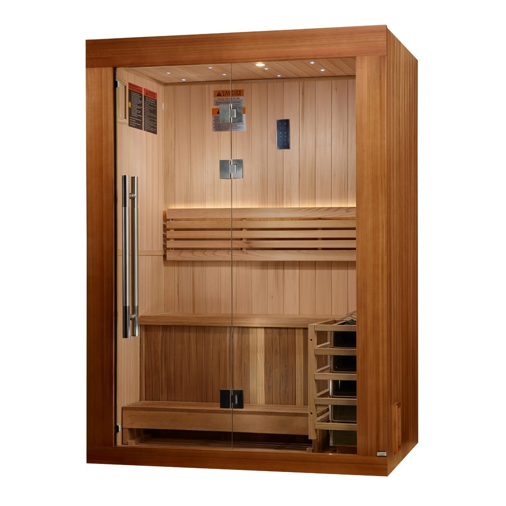 Golden Designs Sundsvall 2 Person Traditional Sauna traditional sauna photographed from a three quarter angle