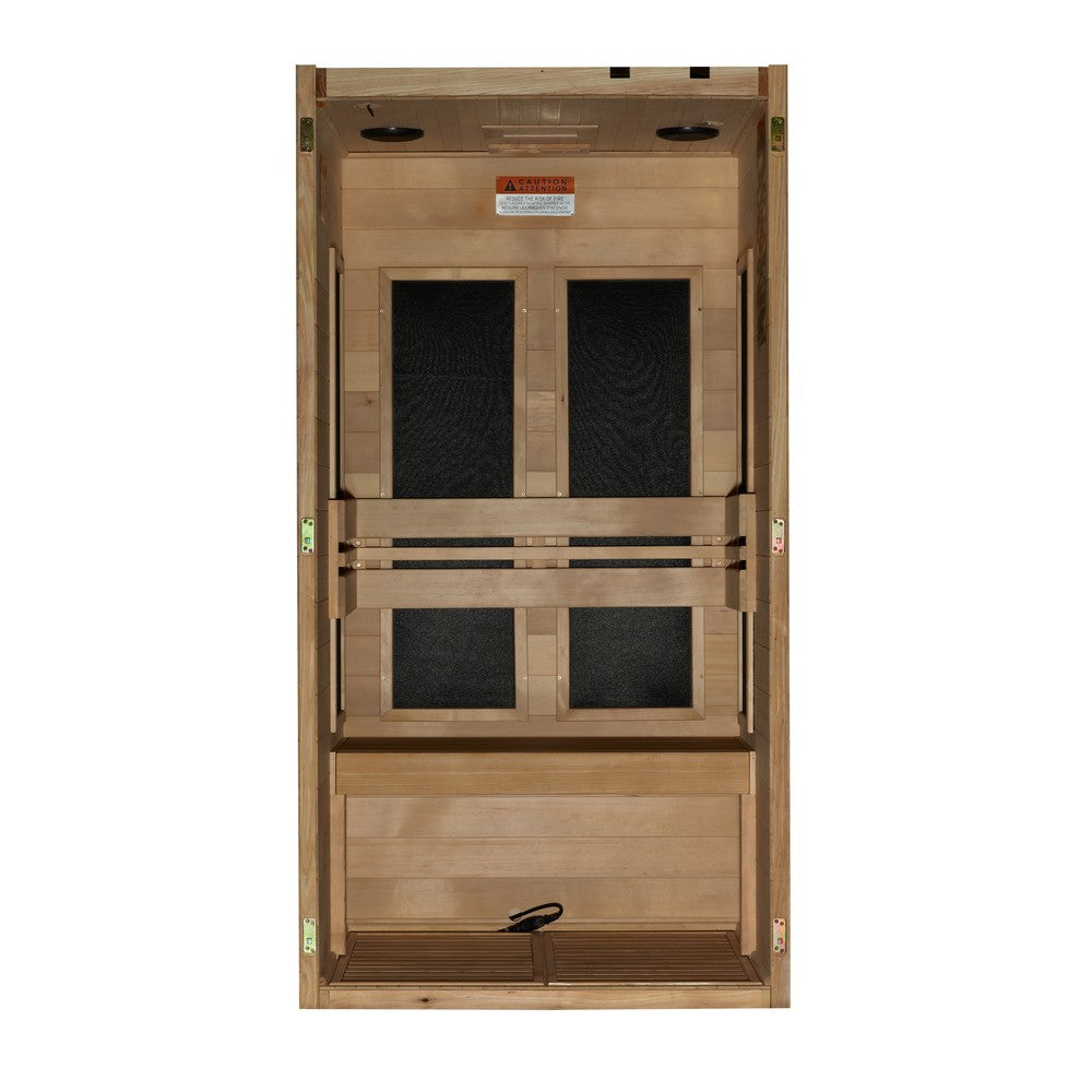 Maxxus S-Line Yoga 1 person Ultra Low EMF infrared sauna photographed against a plain background