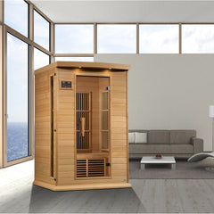 Maxxus MX-K206-01-ZF 2 person Near Zero EMF infrared sauna photographed against a plain background