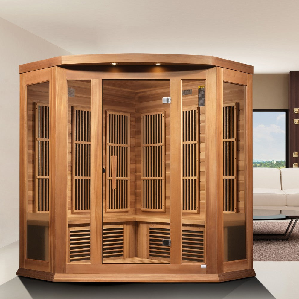Maxxus MX-K356-01 CED 3 person corner red cedar Low EMF infrared sauna photographed in a room