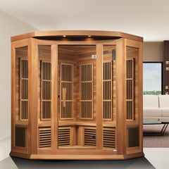 Maxxus MX-K356-01 CED 3 person corner red cedar Low EMF infrared sauna photographed in a room