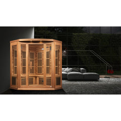Maxxus MX-K356-01-ZF CED 3 person corner red cedar Near Zero EMF infrared sauna photographed in a room