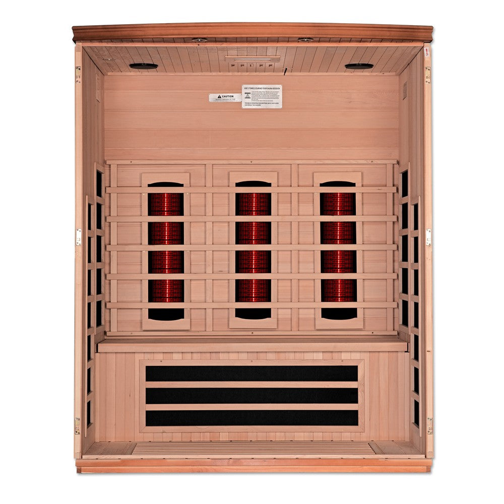 Dynamic Lugano 3 person Low EMF infrared sauna photographed against a plain background