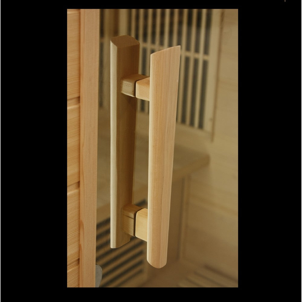 Maxxus MX-K406-01 4 person Low EMF infrared sauna detail of the door handle and frame