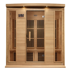 Maxxus MX-K406-01-ZF 4 person Near Zero EMF infrared sauna front view with the interior visible
