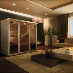 Golden Designs Monaco Elite 6 person Near Zero EMF infrared sauna photographed against a plain background