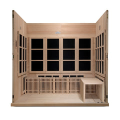 Golden Designs Catalonia 8 person Near Zero EMF infrared sauna photographed against a plain background