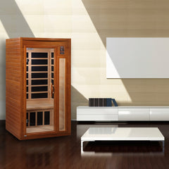 Dynamic Barcelona 1 person Low EMF infrared sauna photographed against a plain background