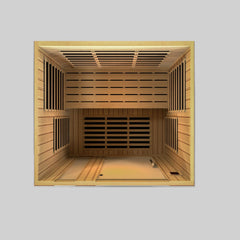 Dynamic Lugano 3 person Low EMF infrared sauna photographed against a plain background