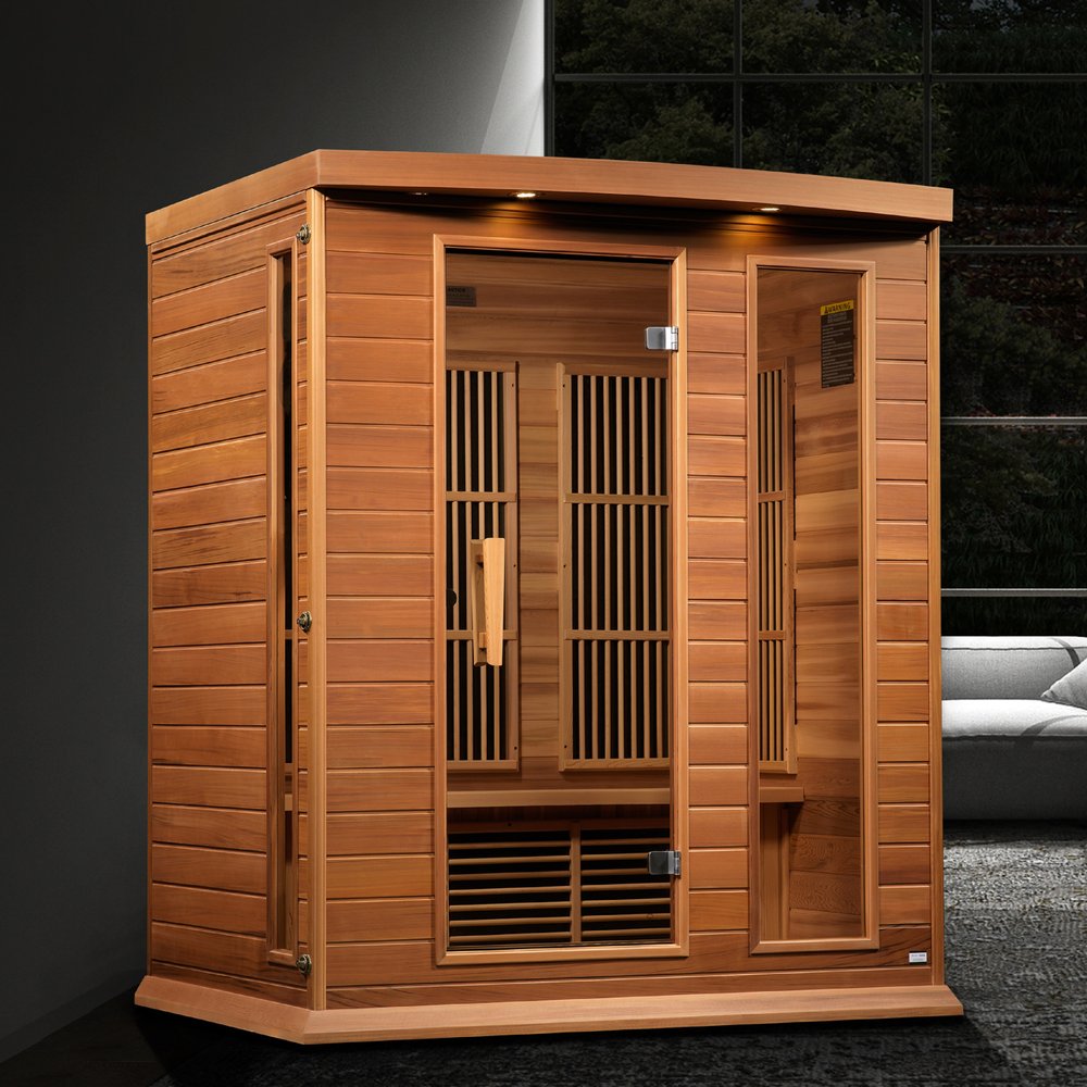 Maxxus MX-K306-01-ZF CED 3 person red cedar Near Zero EMF infrared sauna photographed in a room