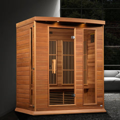 Maxxus MX-K306-01-ZF CED 3 person red cedar Near Zero EMF infrared sauna photographed in a room
