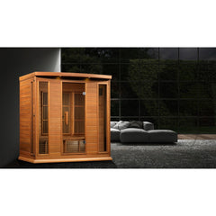 Maxxus MX-K406-01 CED 4 person red cedar Low EMF infrared sauna photographed in a room