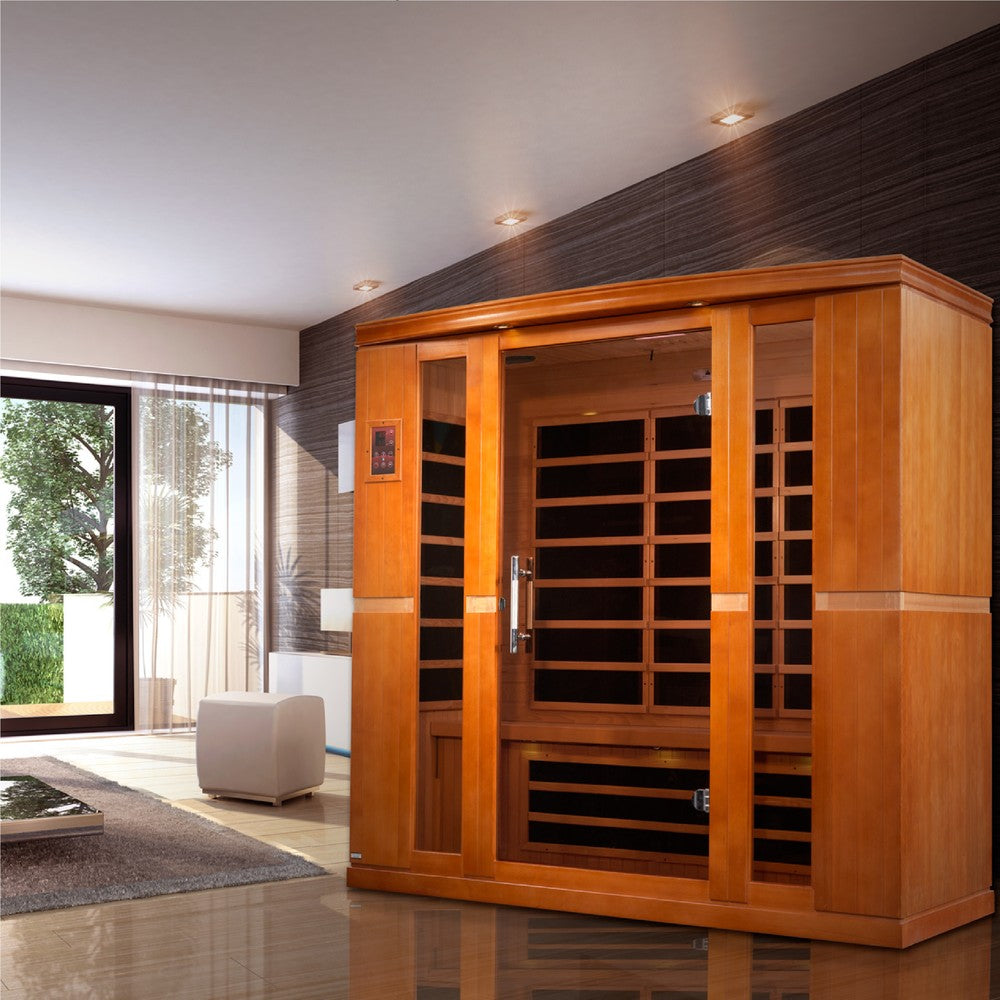 Dynamic Bergamo 4 person Low EMF infrared sauna photographed against a plain background