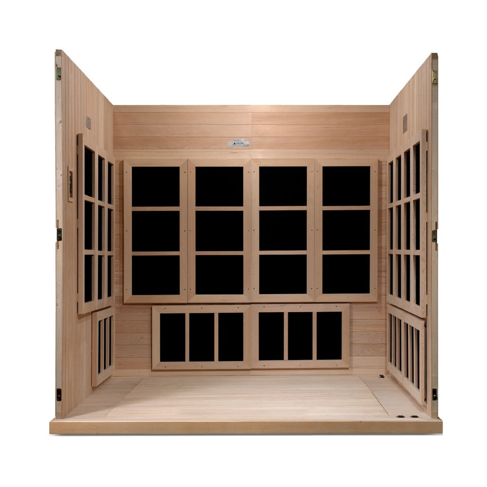 Golden Designs Catalonia 8 person Near Zero EMF infrared sauna photographed against a plain background