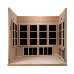 Golden Designs Catalonia 8 person Near Zero EMF infrared sauna photographed against a plain background