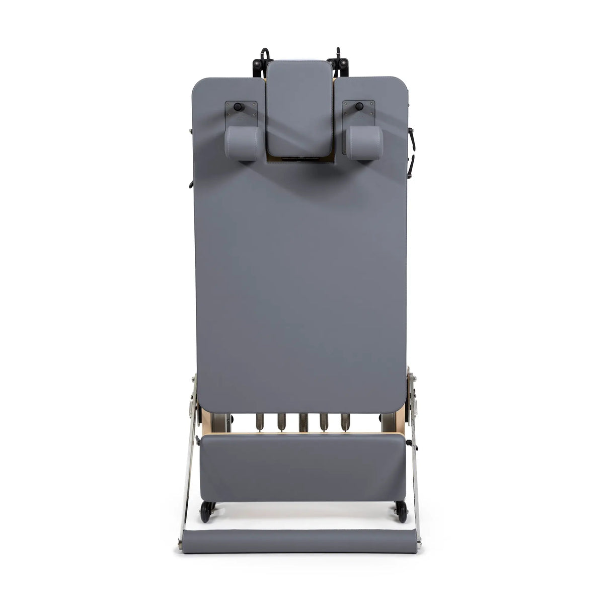Front view of the Elina Pilates Fold Reformer folded for storage