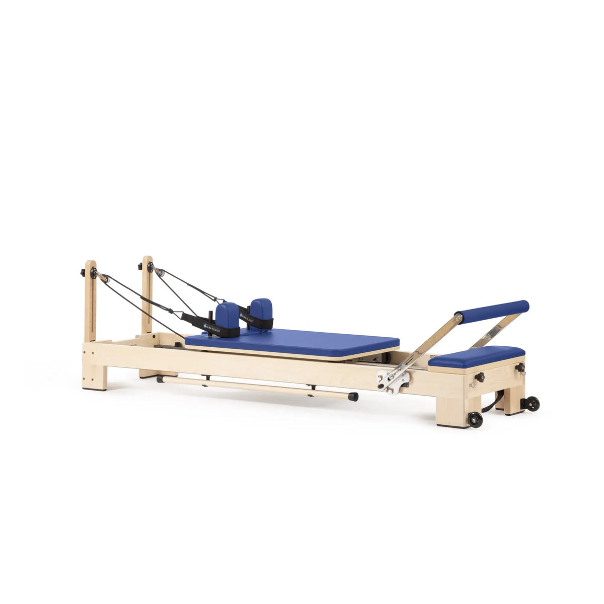 Elina Pilates Lignum wooden reformer in blue, angled view