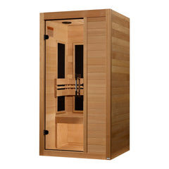 Maxxus S-Line Yoga 1 person Ultra Low EMF infrared sauna photographed against a plain background