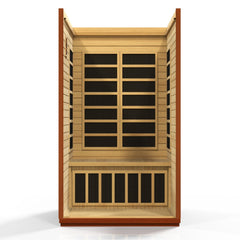 Dynamic San Marino 2 person Low EMF infrared sauna photographed against a plain background