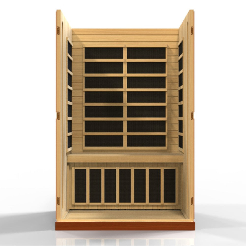 Dynamic Vittoria 2 person Low EMF infrared sauna photographed against a plain background