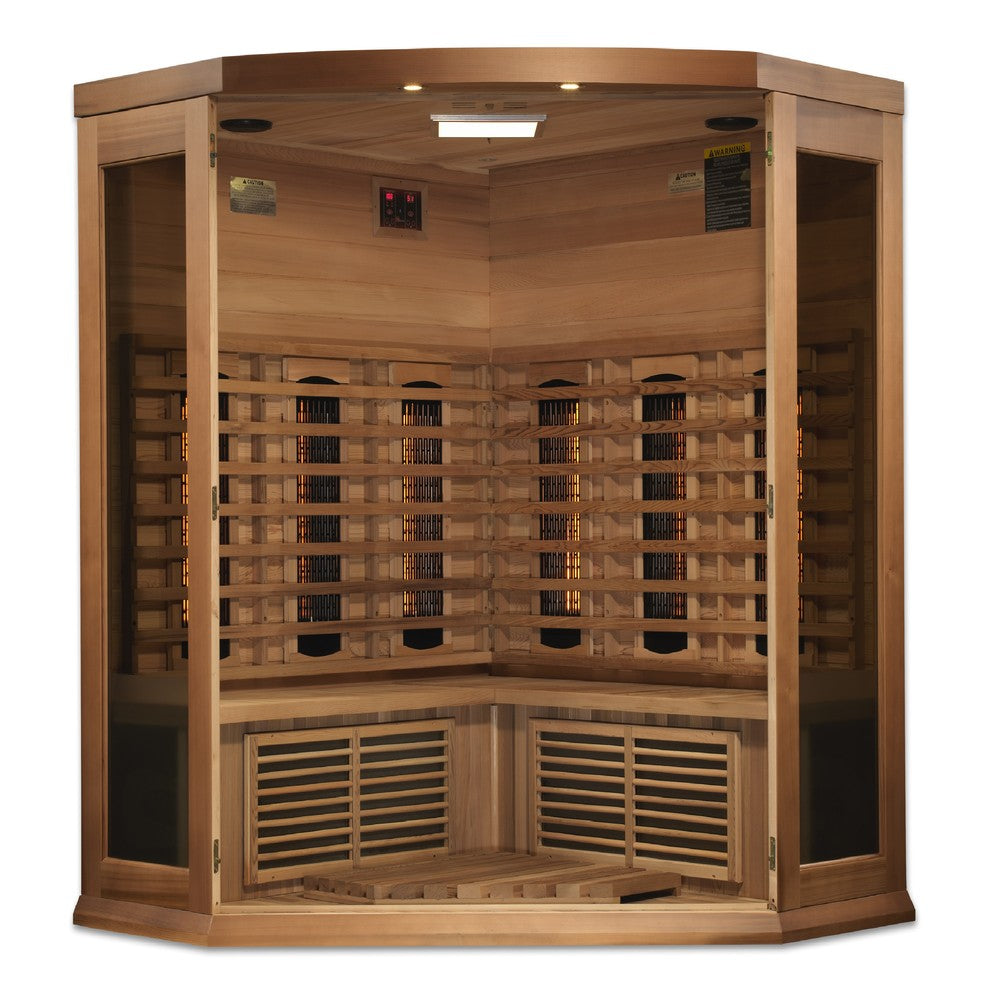 Maxxus MX-M356-01-FS CED 3 person corner red cedar full spectrum infrared sauna front view with the interior visible