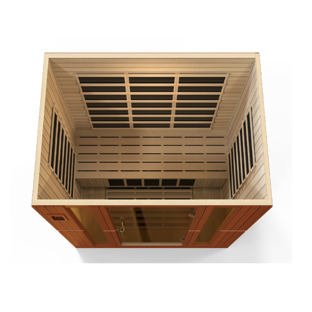 Dynamic Bergamo 4 person Low EMF infrared sauna photographed against a plain background