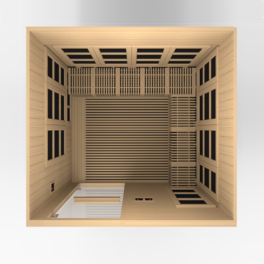Golden Designs Catalonia 8 person Near Zero EMF infrared sauna photographed against a plain background