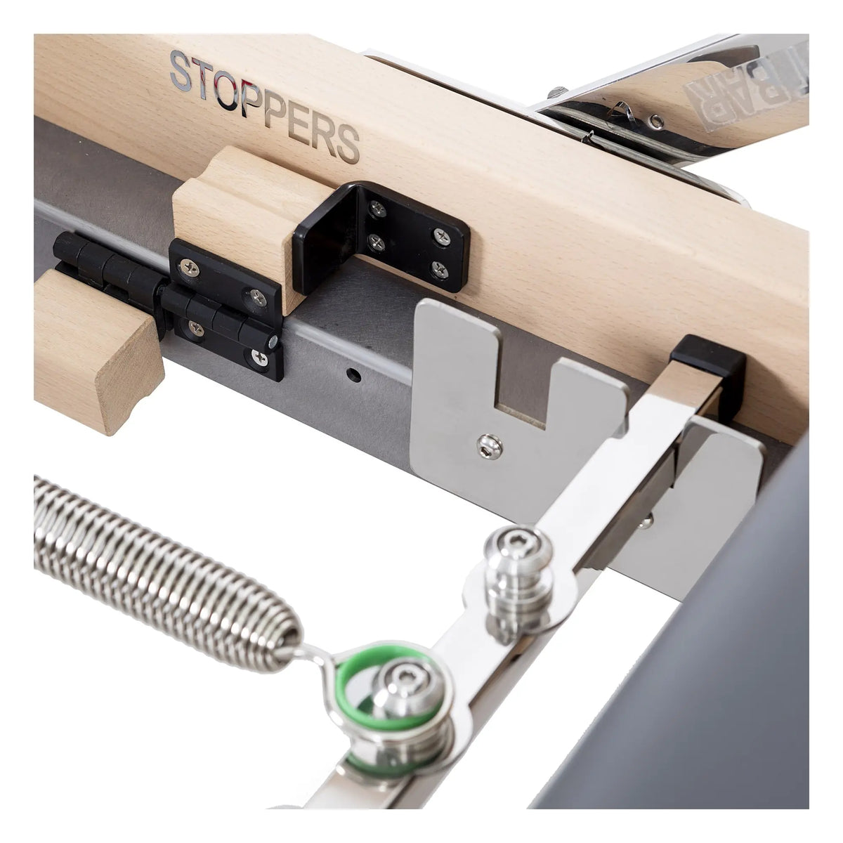 Close-up of the stopper system on the grey Elina Pilates Lignum Reformer with Tower