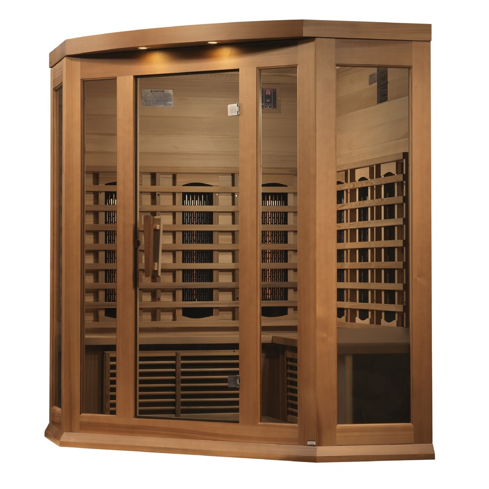 Maxxus MX-M356-01-FS CED 3 person corner red cedar full spectrum infrared sauna photographed against a plain background