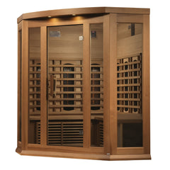 Maxxus MX-M356-01-FS CED 3 person corner red cedar full spectrum infrared sauna photographed against a plain background