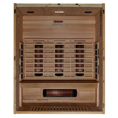 Maxxus S-Line Yoga 3 person full spectrum infrared sauna photographed against a plain background