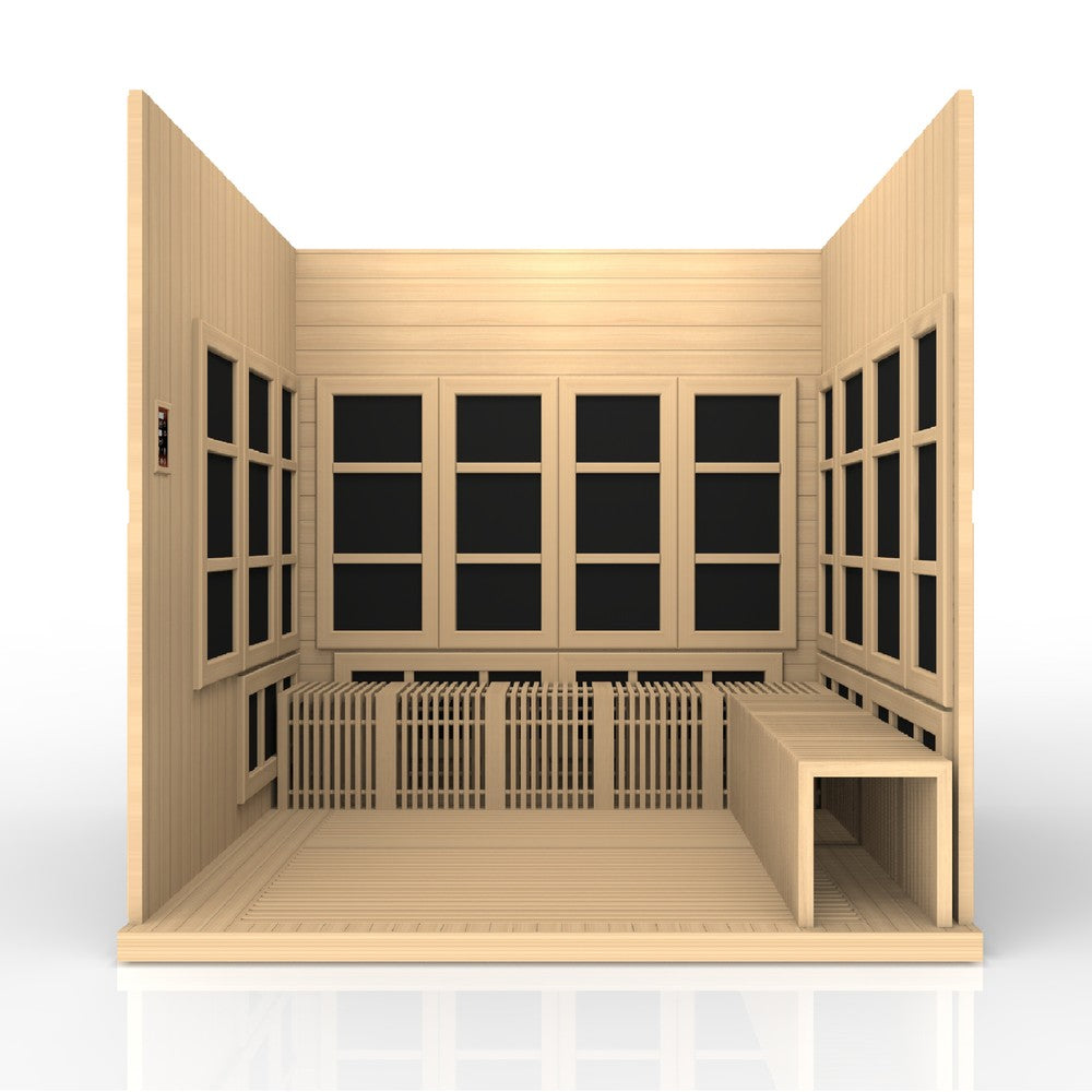 Golden Designs Catalonia 8 person Near Zero EMF infrared sauna photographed against a plain background