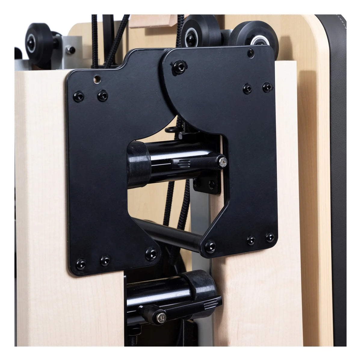 Close-up of the folding mechanism on the Elina Pilates Fold Reformer
