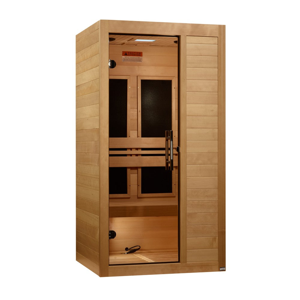 Maxxus S-Line Yoga 1 person Ultra Low EMF infrared sauna photographed against a plain background