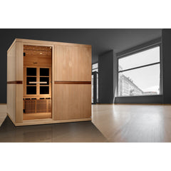 Golden Designs Catalonia 8 person Near Zero EMF infrared sauna photographed against a plain background