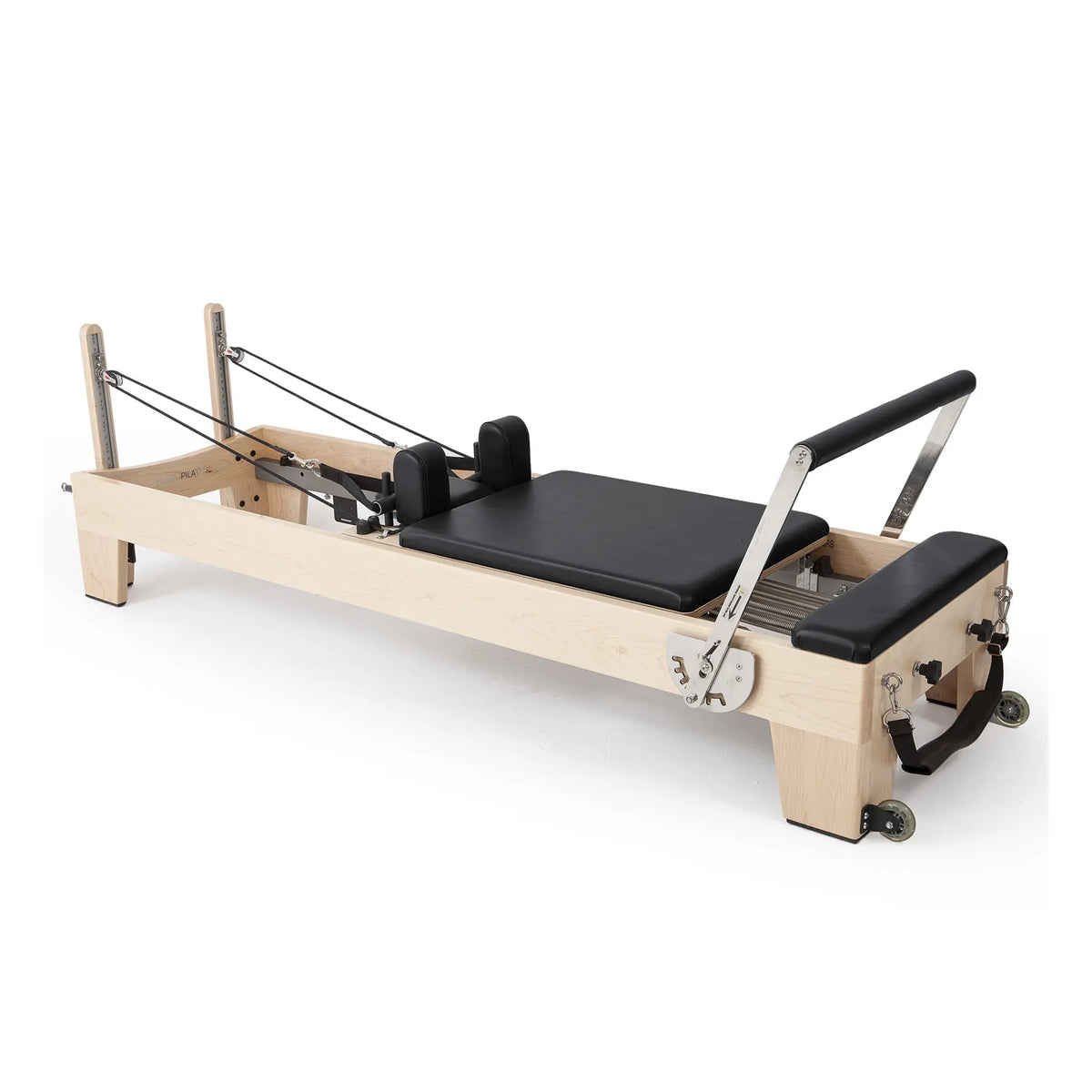 Elina Pilates Elite wooden reformer in black, angled view