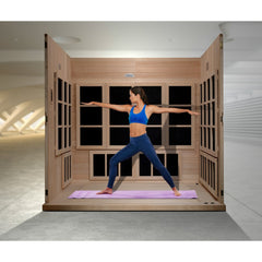 Golden Designs Catalonia 8 person Near Zero EMF infrared sauna photographed against a plain background
