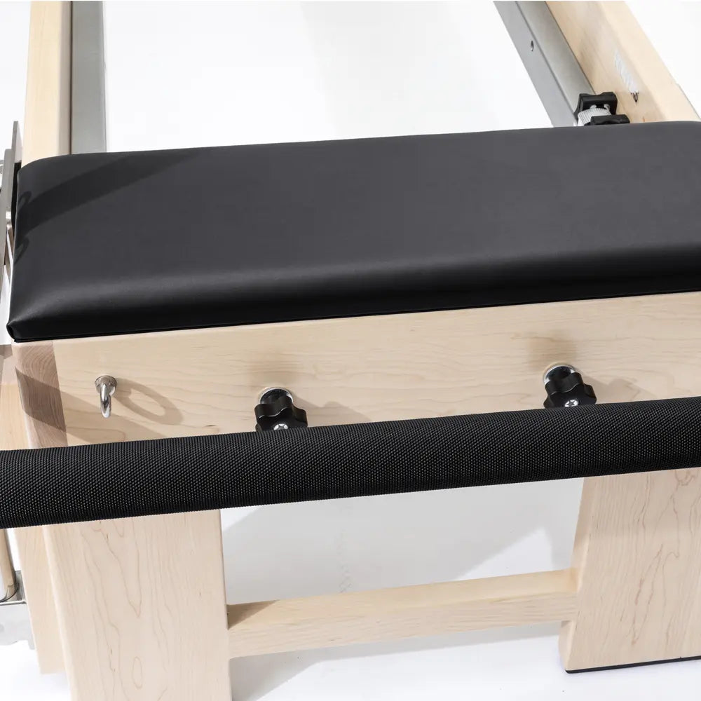 Black Elina Pilates Elite Cadillac Reformer adjustable footbar detail