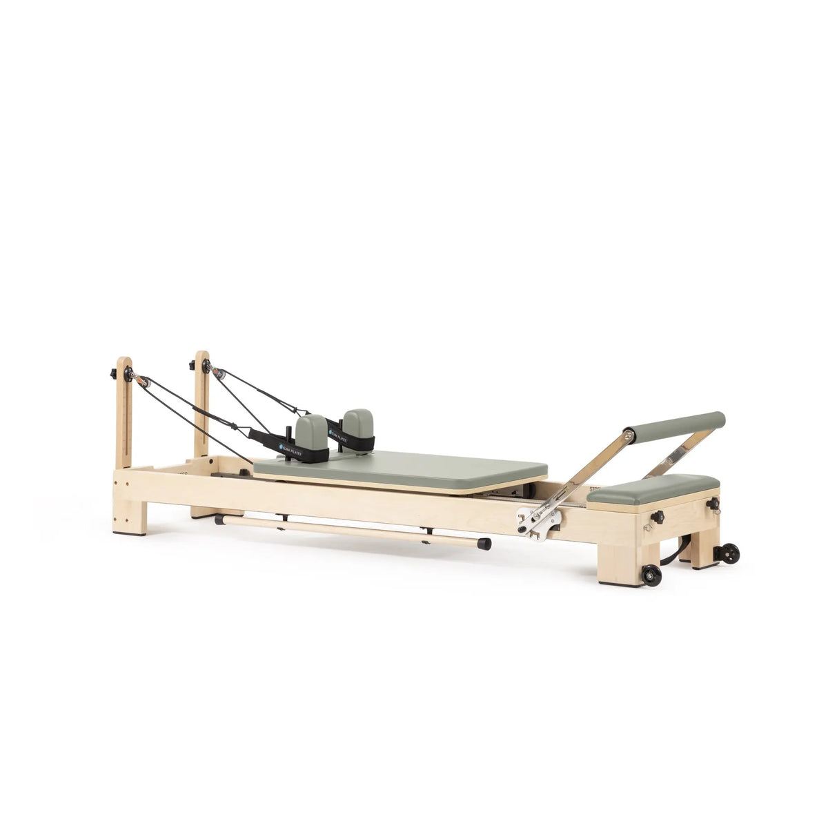 Custom-color Elina Pilates Lignum wooden reformer in Iceberg Green, angled view