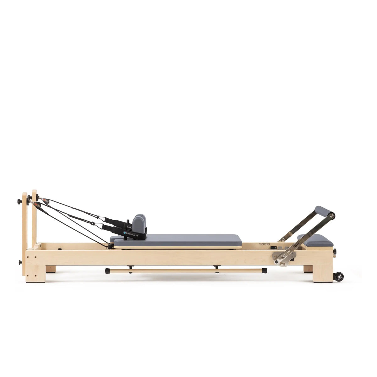 Elina Pilates Lignum wooden reformer in grey, full side view