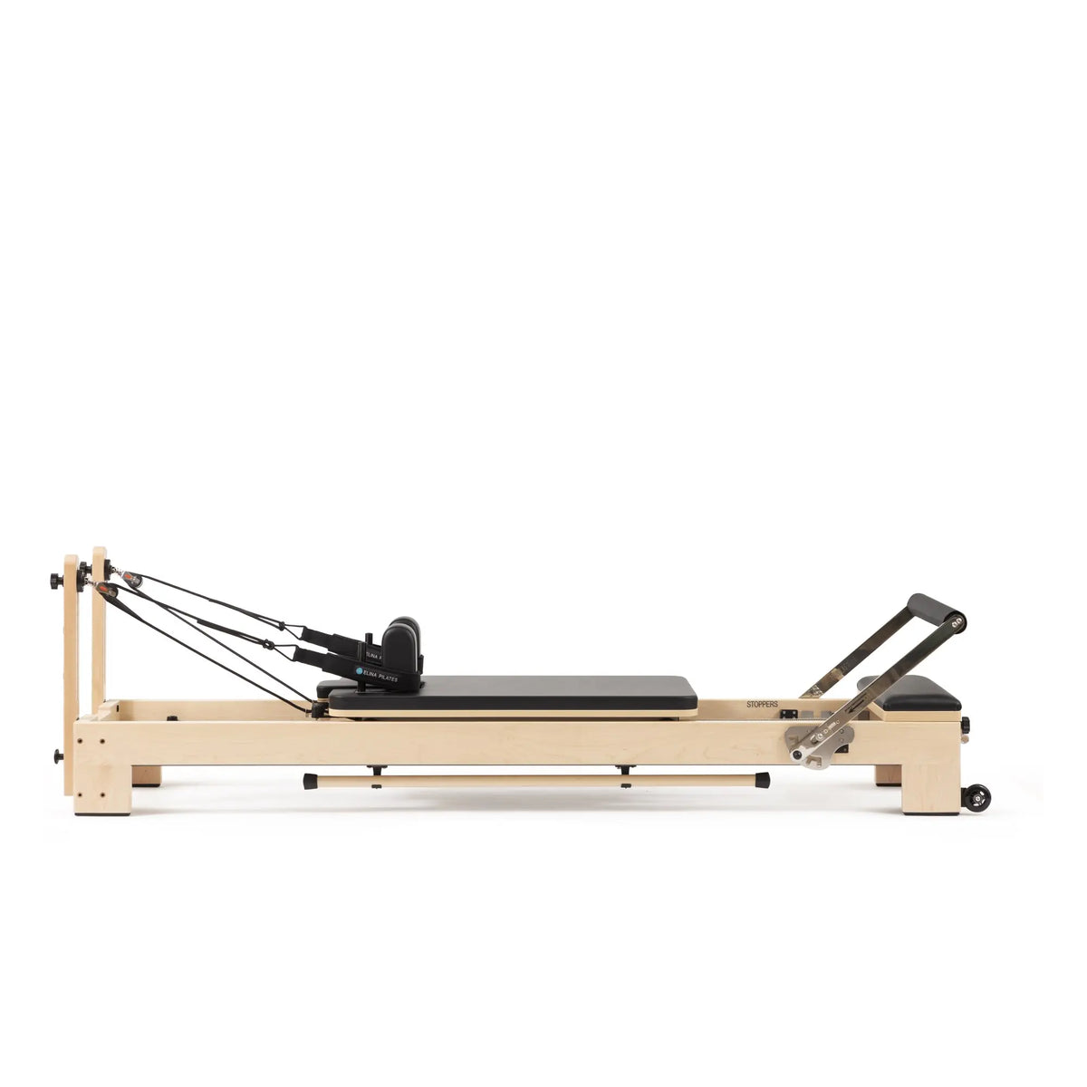 Elina Pilates Lignum wooden reformer in black, full side view