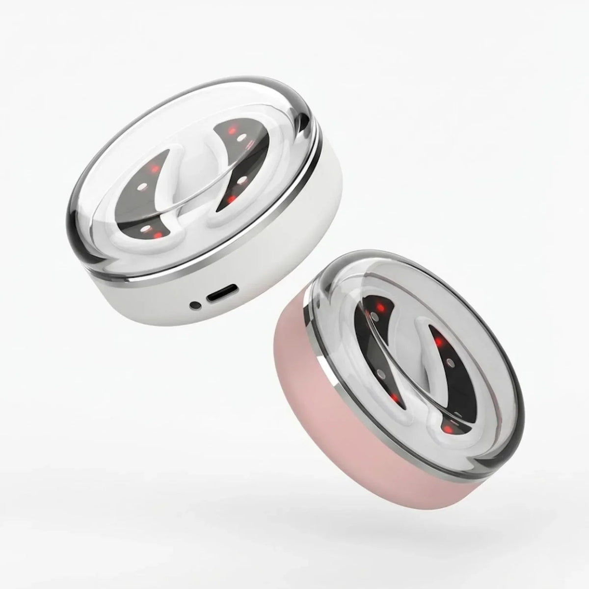 Nicebeam Red Light Therapy Eye Pods charging case in silver and pink